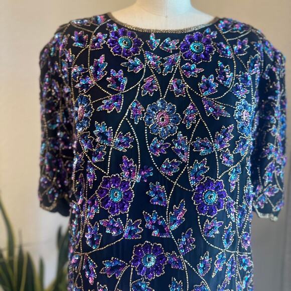 Laurence Kazar Women’s 1X Blouse Black Purple Silk Beaded Floral Sequin Evening - Picture 2 of 3
